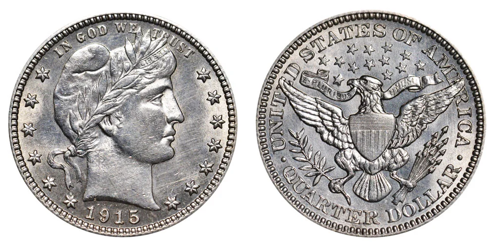 1915 Barber Quarter obverse and reverse showing Liberty head design and eagle