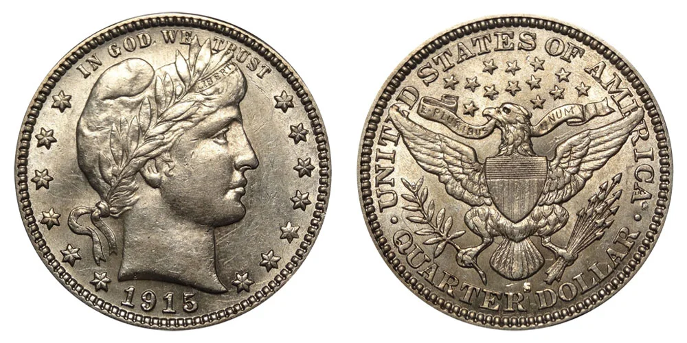 Comparison of 1915 Philadelphia quarter (no mint mark) vs 1915-S San Francisco quarter showing reverse mint mark location