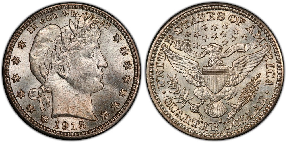 1915-S Barber Quarter reverse showing S mint mark at bottom center