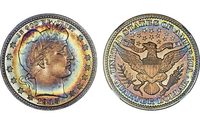 1915 Proof Barber Quarter obverse with mirror-like fields and frosted Liberty portrait