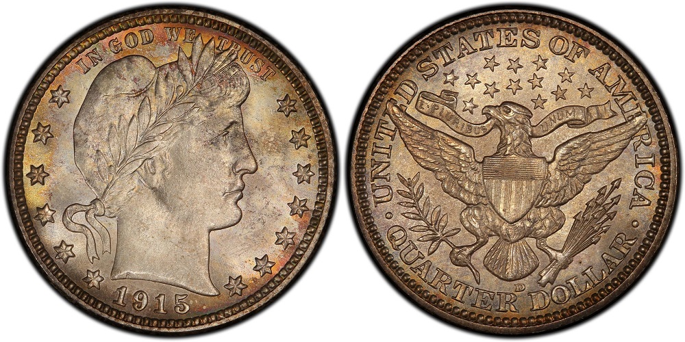 1915 Barber Quarter reverse showing doubled die doubling on 'es Of America' in the legend