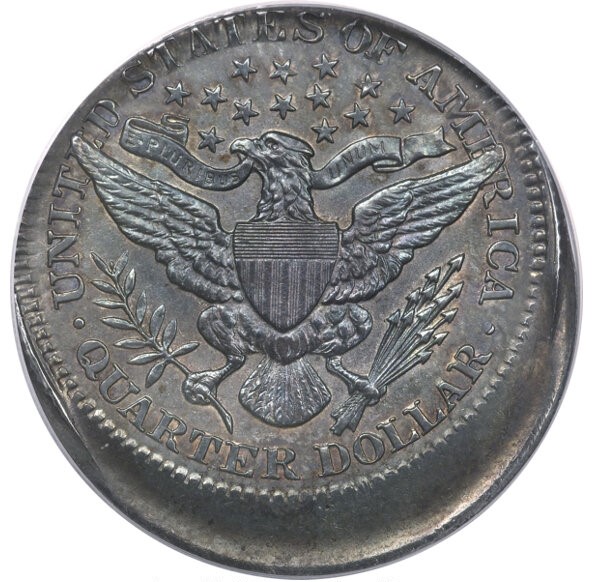 Off-center struck 1915 Barber Quarter showing design shifted from center with blank planchet visible