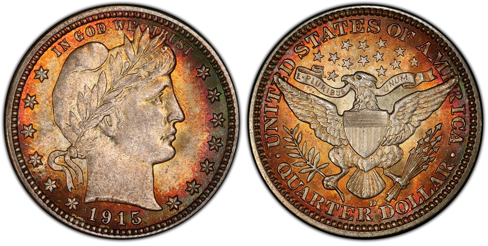 Close-up of 1915-D or 1915-S Barber Quarter mint mark showing repunched mint mark variety