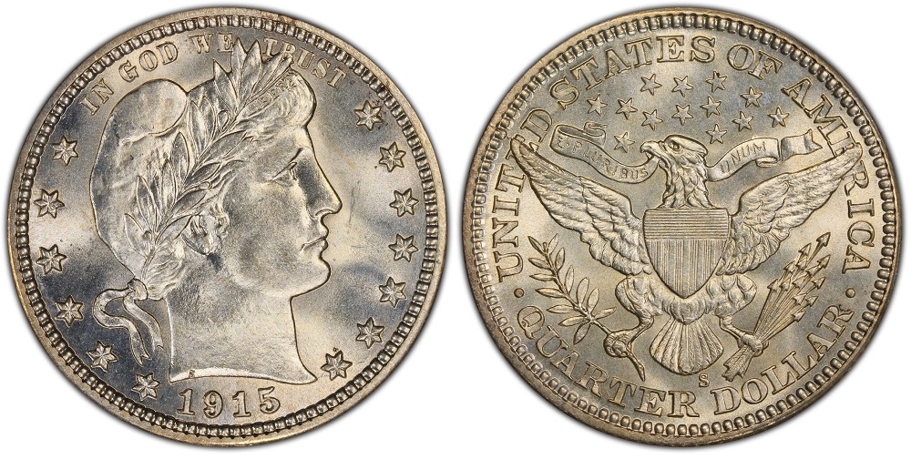 Group of 1915 Barber Quarters from Philadelphia, Denver, San Francisco mints and Proof issue laid out for comparison
