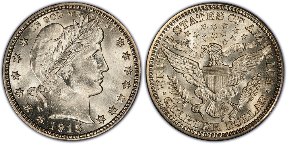 Barber Quarter grading strip showing four examples from Good worn condition through Mint State uncirculated